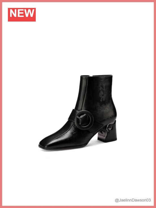 Shoes - TinaCus Handmade Floral Genuine Leather Square Toe Buckle Zip Ankle Boots
